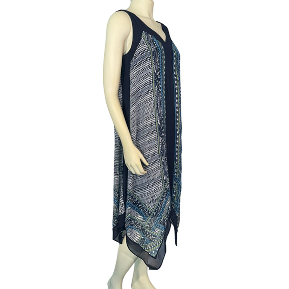 AGB Sz 10 Midi A-Line Tank Dress Blue Scarf Print Handkerchief Hem Sheer Lined - Picture 2 of 10